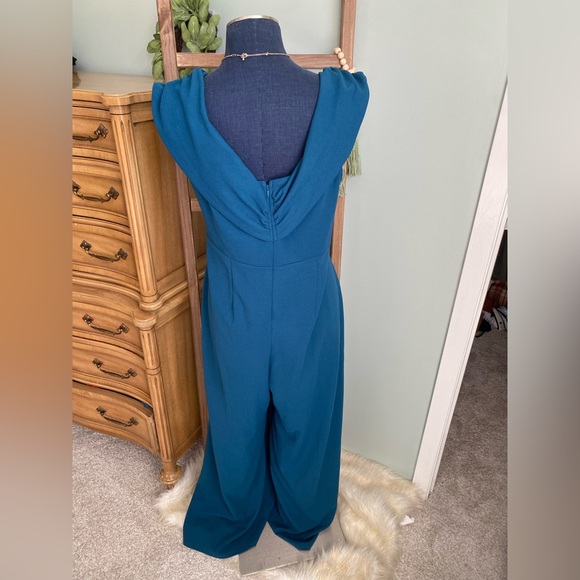 Forever 21+ Blue Green Teal Split Leg Off the Shoulder Jumpsuit Size 2x - Picture 5 of 7
